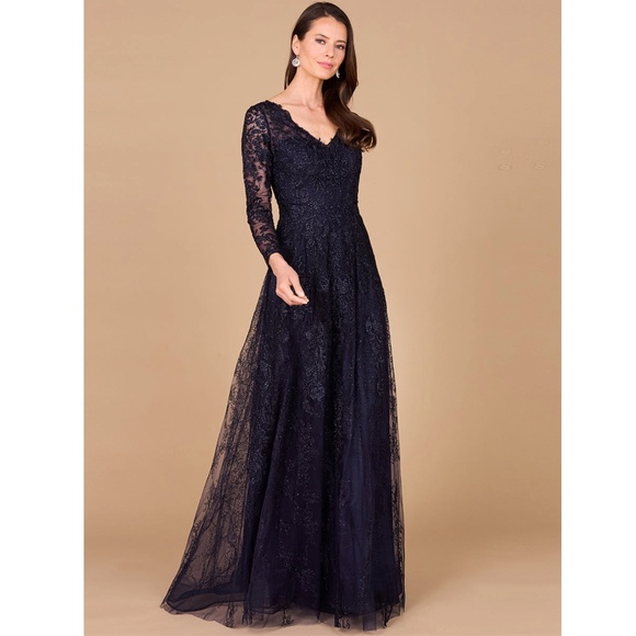 LARA New York: Long Bell Sleeve V-Neck Beaded Gown (NWT) - Picture 1 of 7